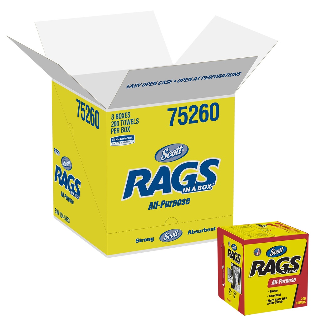 Kimberly Clark SCOTT Rags In A Box Shop Towels White Pop-Up Box 8 / 200 cs 75260